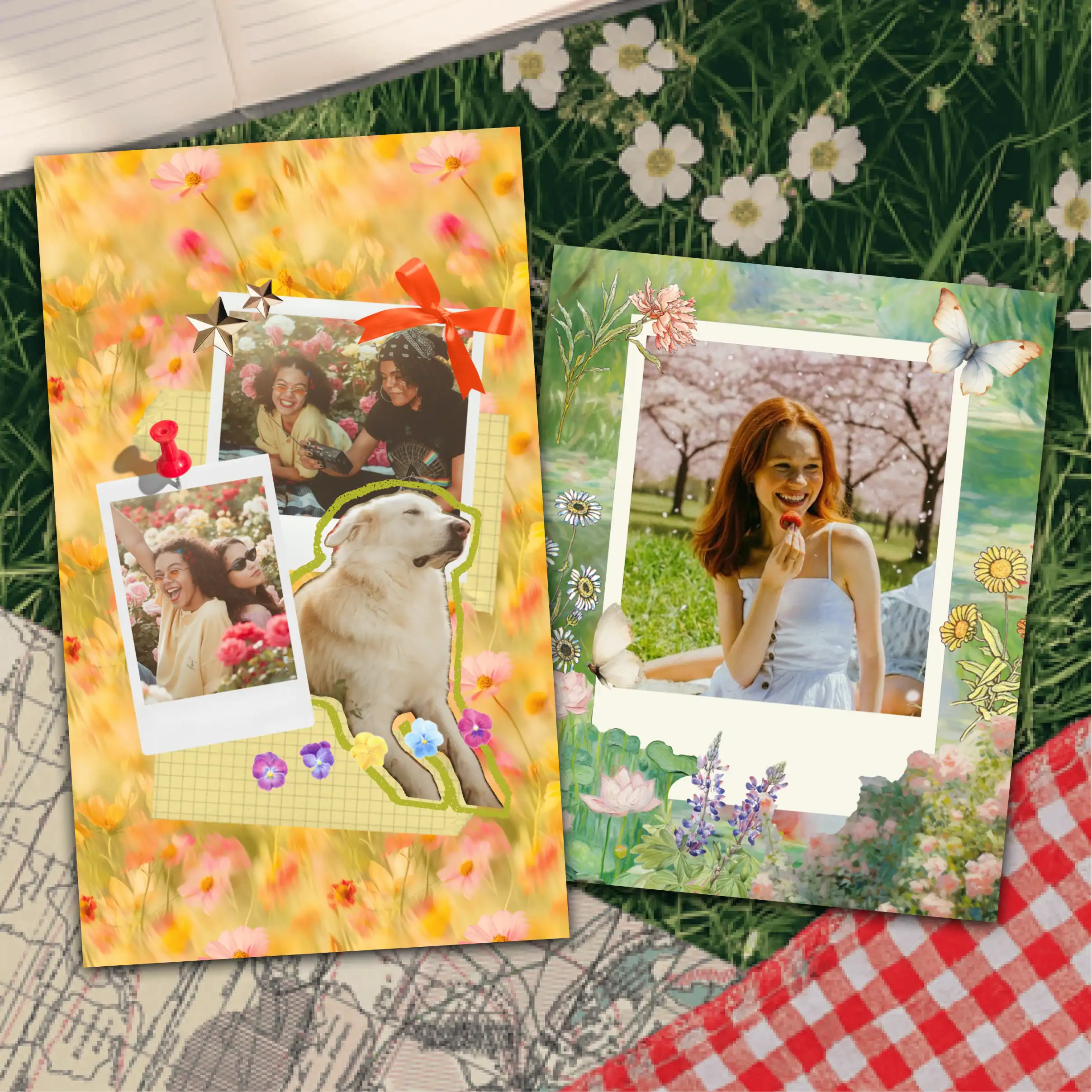 Spring collage ideas featuring two scrapbook-style photo collages with bright spring flowers, pastel backgrounds, and Polaroid frames—perfect inspiration for a spring aesthetic photo collage.