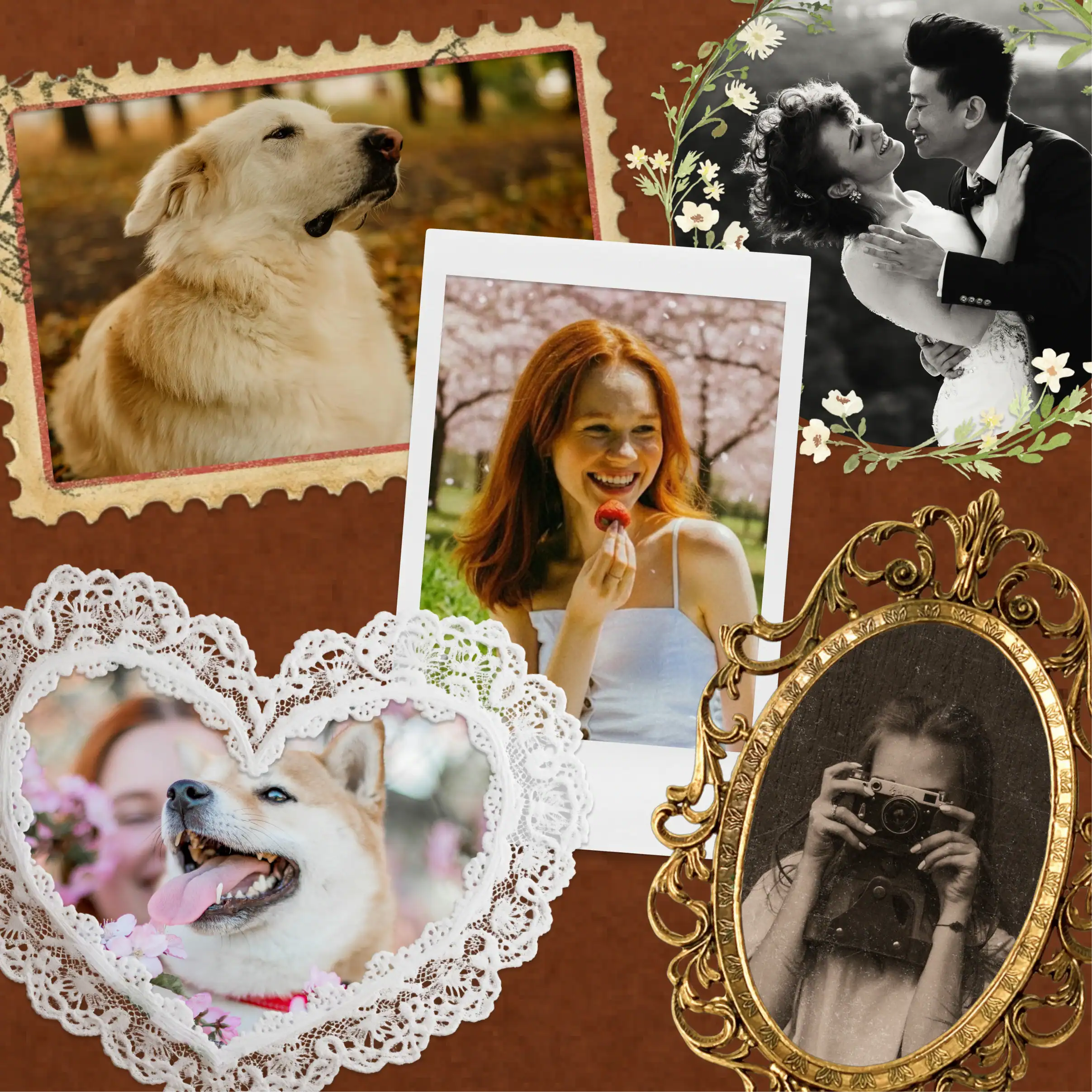 Photo frame collage with elegant vintage borders and floral accents, showing framed portraits, a couple photo, and pet pictures.
