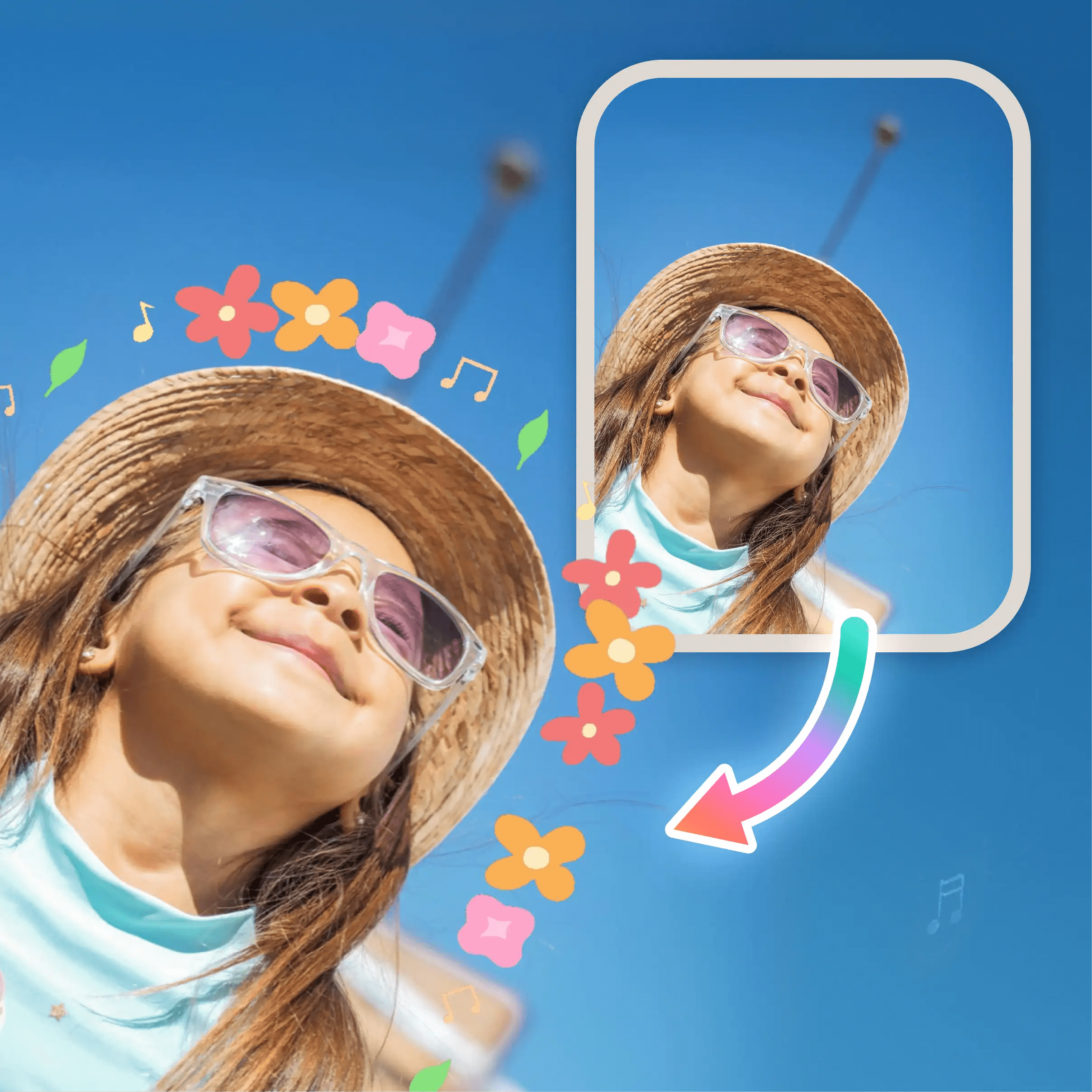 Before-and-after photo showing how to add a sticker border in PicCollage—portrait transformed into a framed photo with a rounded border and colorful flower stickers on a blue background.