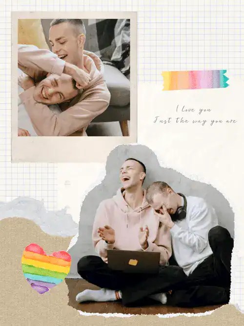 A warm, scrapbook-style Pride love quote collage featuring couple photos, torn-paper textures, a rainbow tape sticker, and the quote “I love you just the way you are”—a sweet Pride couple collage idea for partners, chosen family, and supportive Pride captions.