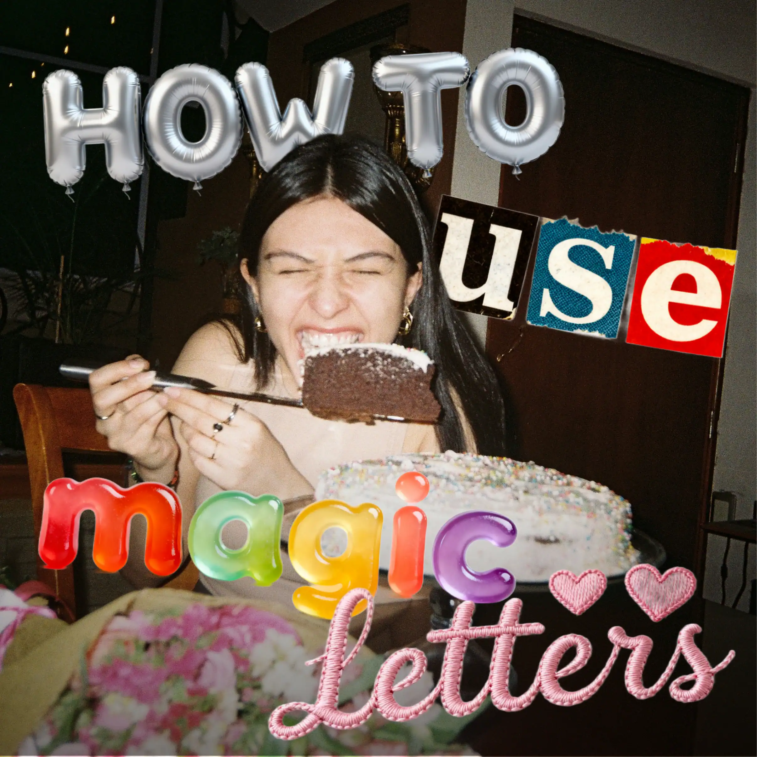 Woman with birthday cake and colorful letter decorations for creative design.