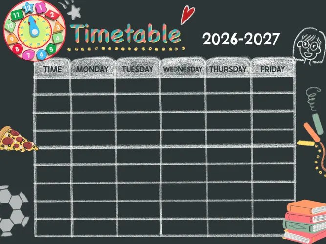 Printable school class timetable schedule template for the 2026-2027 school year