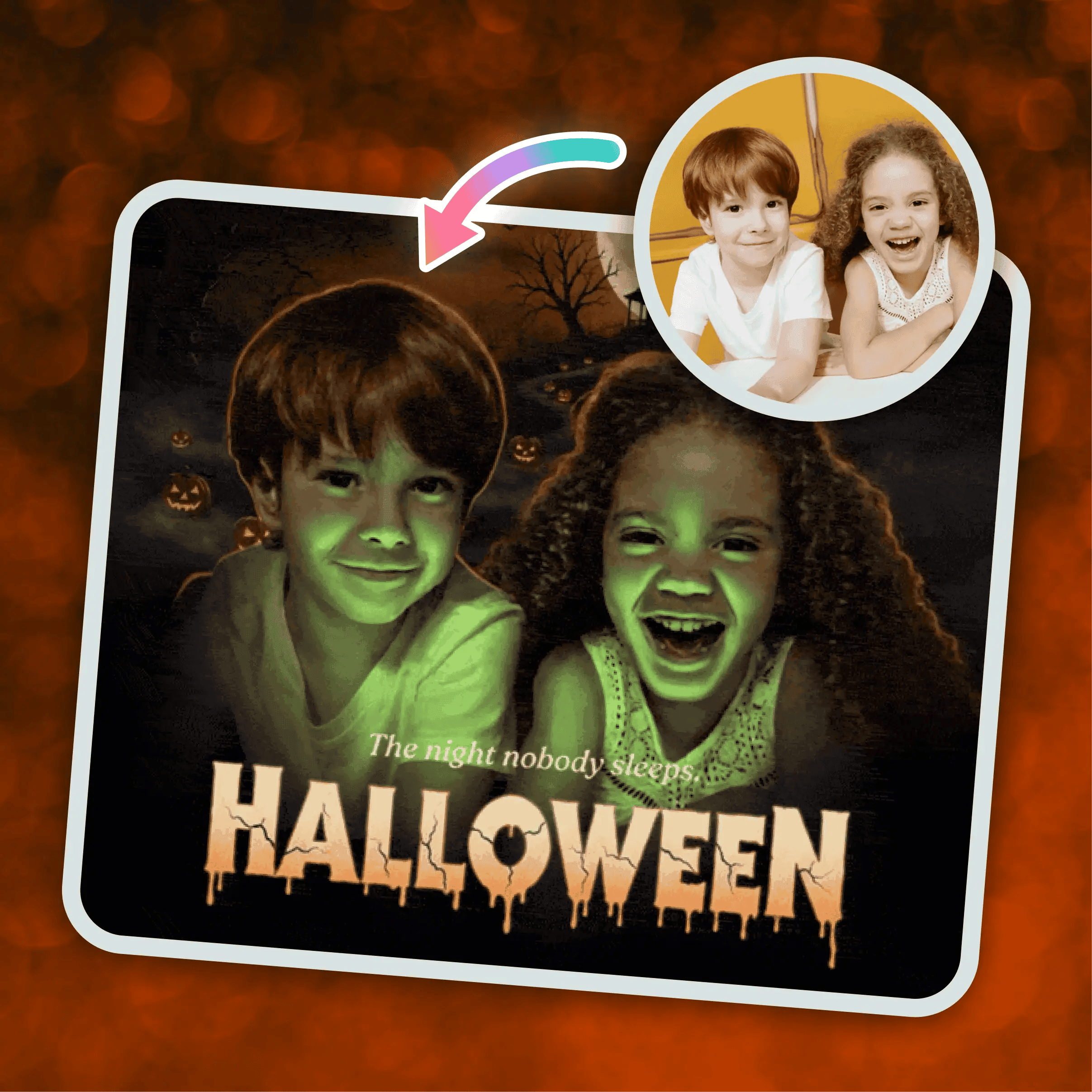 Before-and-after Halloween photo effect turning two children into a spooky movie poster.