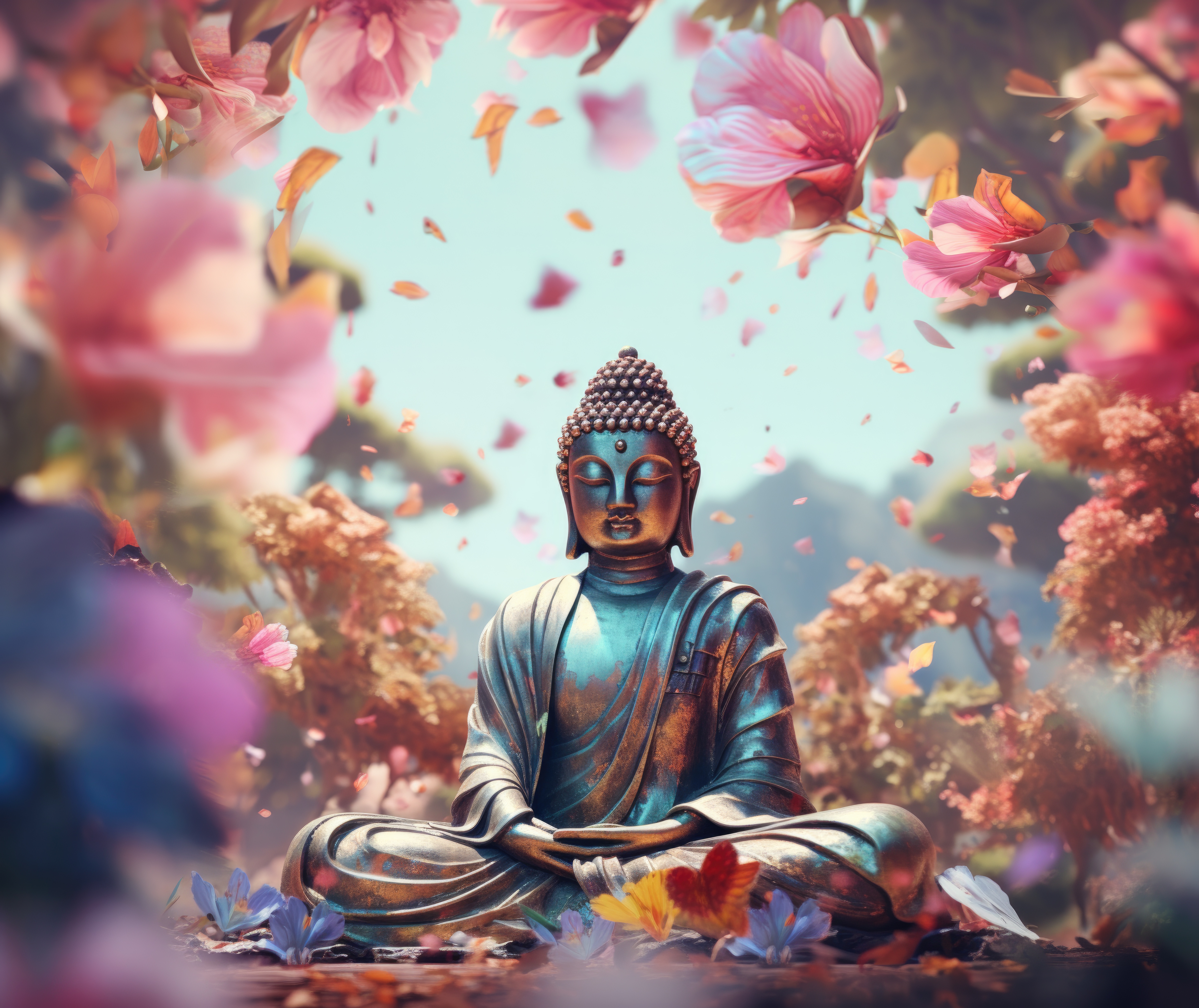 Buddha Statue with Flower Background