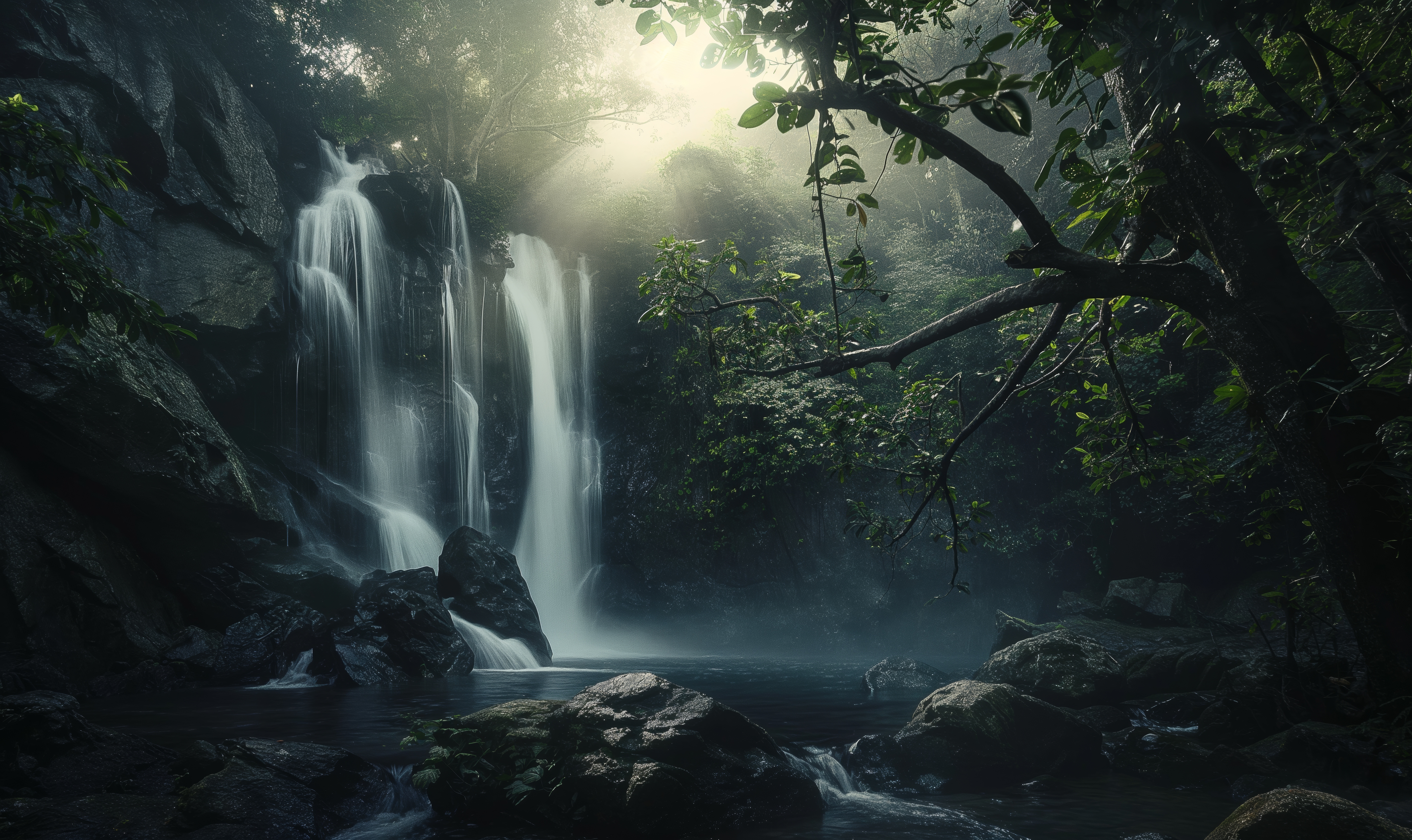 Waterfall in a Dark Forest
