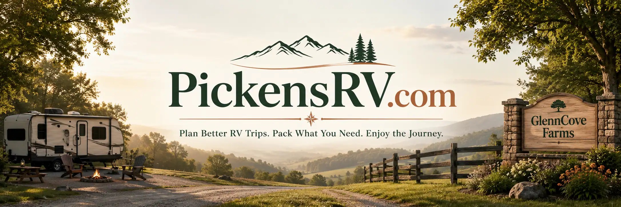 Pickens RV camping header with travel trailer and GlennCove Farms