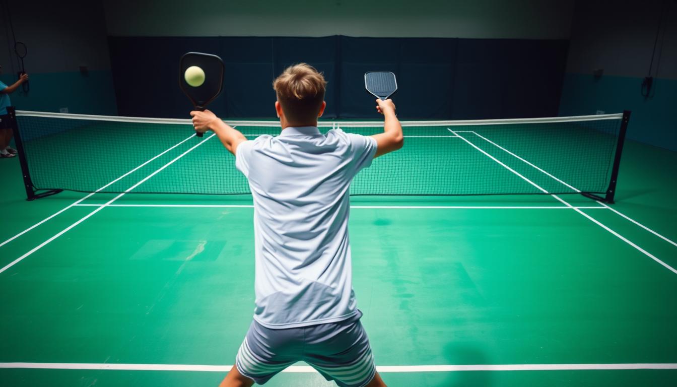 A dynamic pickleball court scene showcasing a player executing a variety of shots. In the foreground, the player is captured mid-swing, their body in fluid motion as they strike the ball with precise control. The middle ground features their opponent poised to return the shot, their racket raised and body tensed. The background depicts the full pickleball court, with vivid green playing surface, crisp white boundary lines, and a bright, evenly-lit atmosphere. The lighting is natural, with subtle shadows casting depth and dimensionality. The composition highlights the dynamic interplay of players, showcasing the nuanced techniques and strategies involved in a pickleball rally.