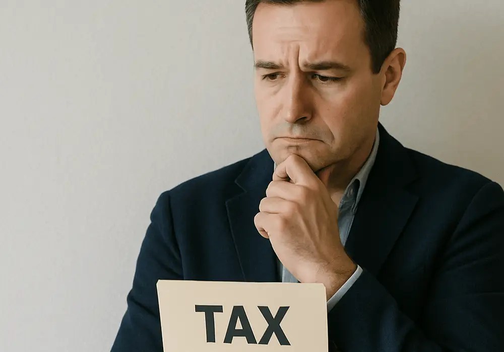 Worried taxpayer reviewing a “TAX” document while catching up on back taxes