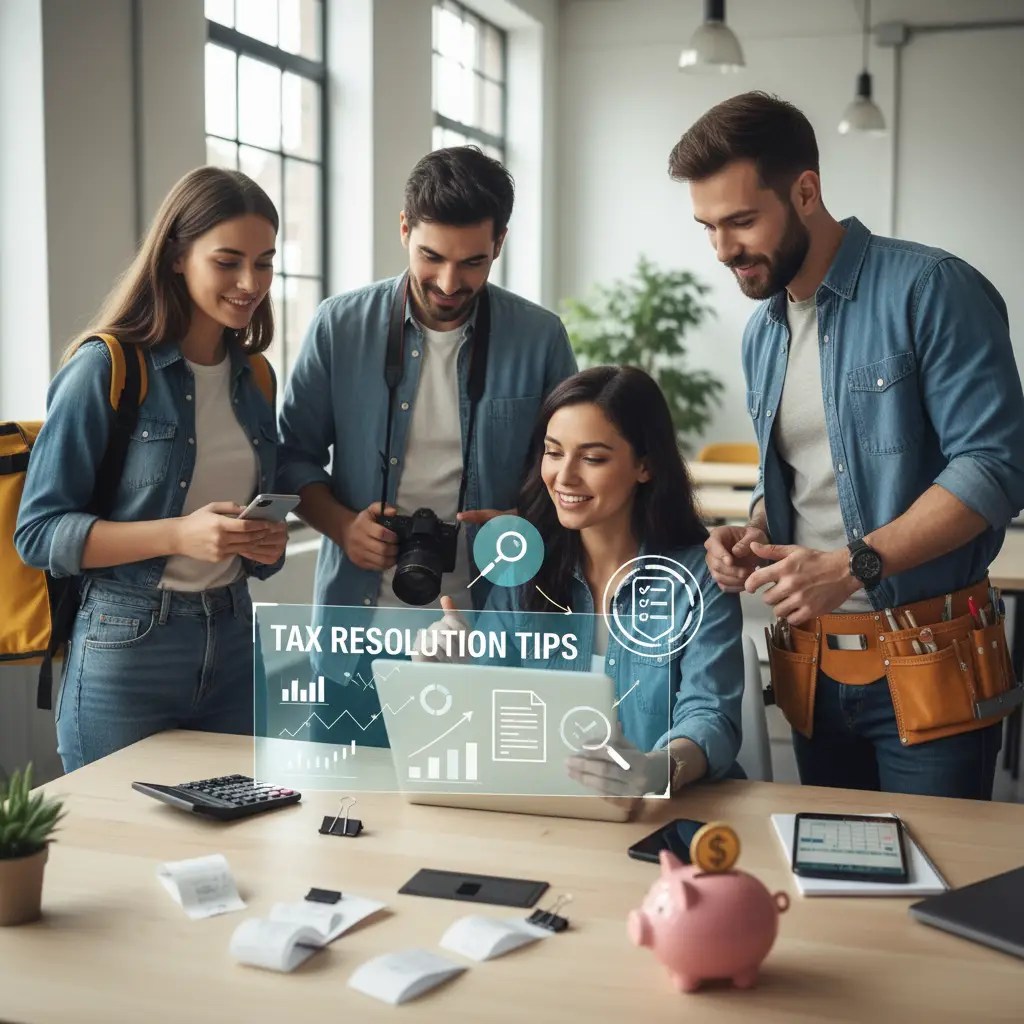 Gig workers reviewing tax resolution tips on a laptop to avoid IRS problems