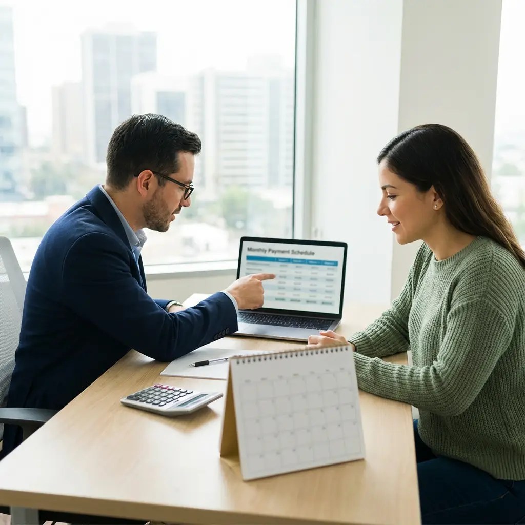 Tax resolution specialist discussing an IRS installment agreement payment plan with a taxpayer at a desk