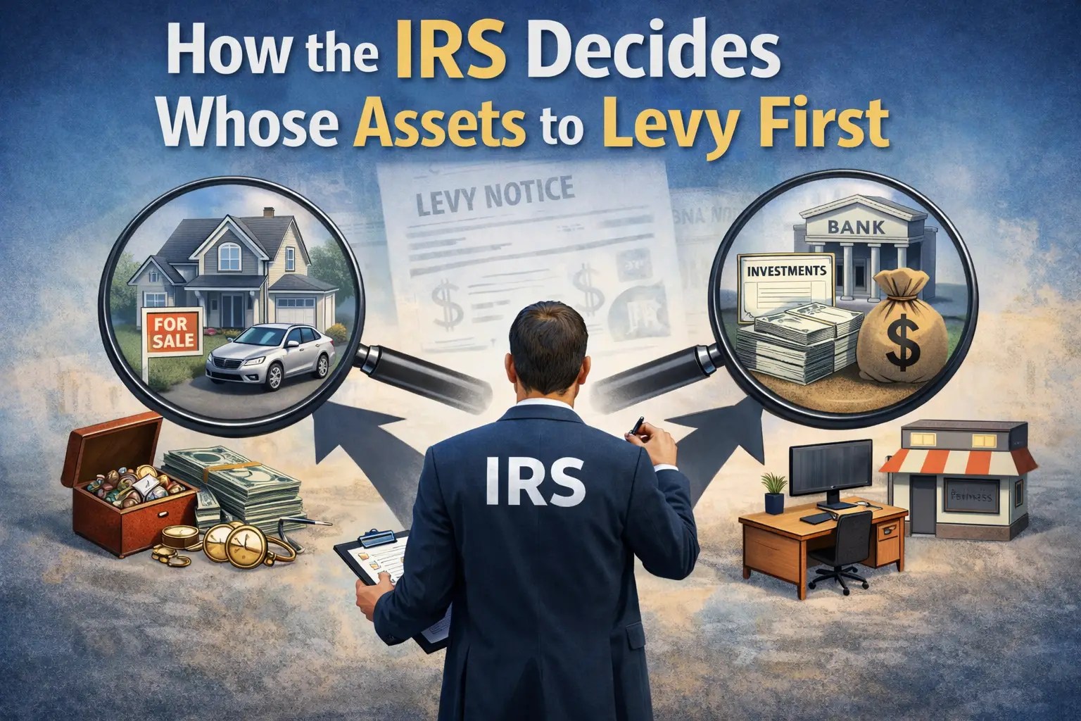 IRS levy decision showing a bank account, and investments as potential assets to seize first