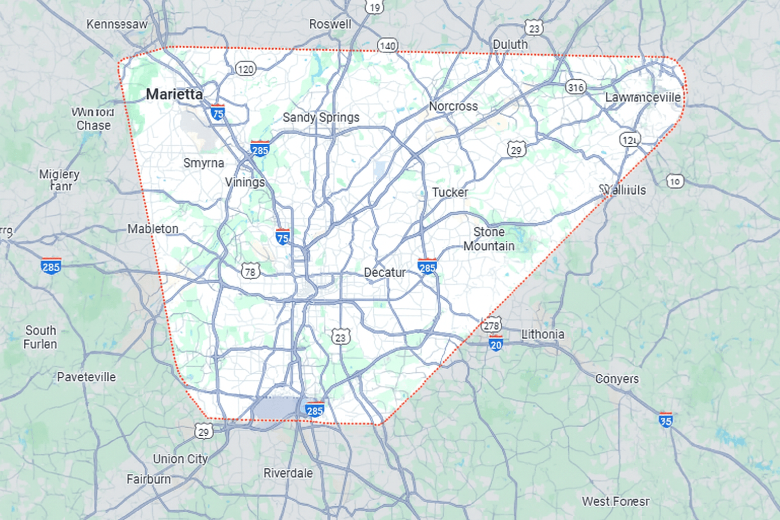 Service area map of Peak Contracting, roofing contractor Atlanta metro.