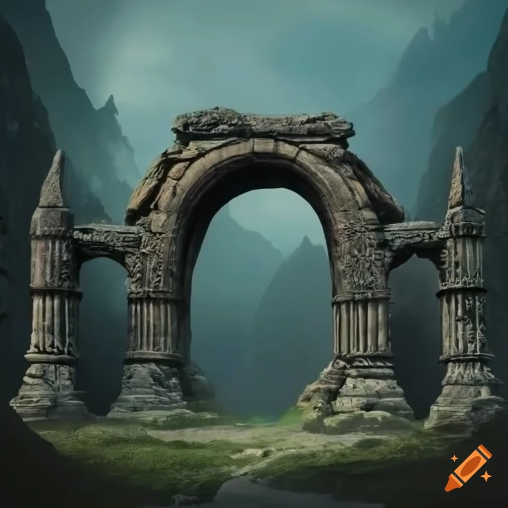 Impressive ancient stone archway in rocky terrain on craiyon