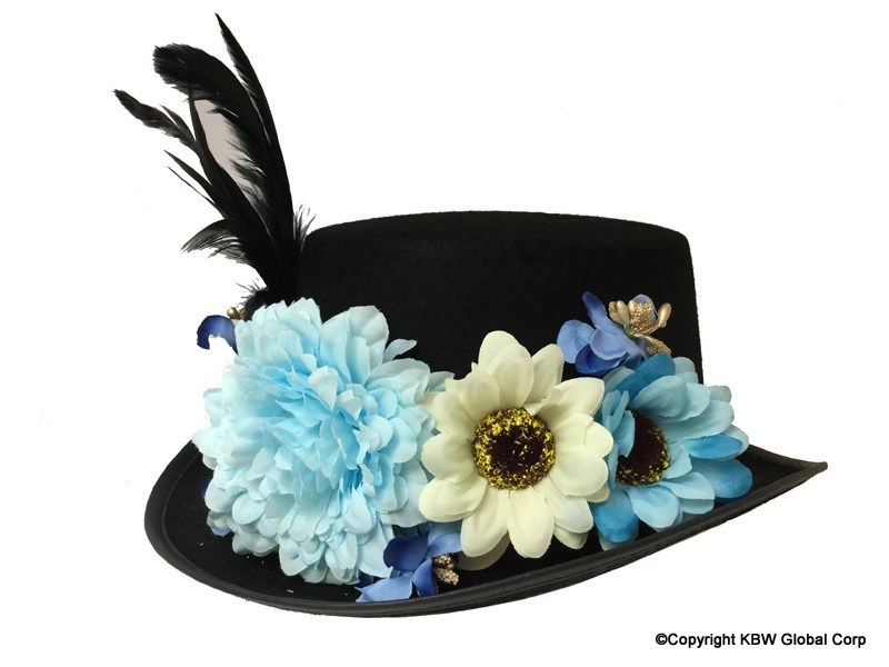 Elegant blue floral top hat side profile