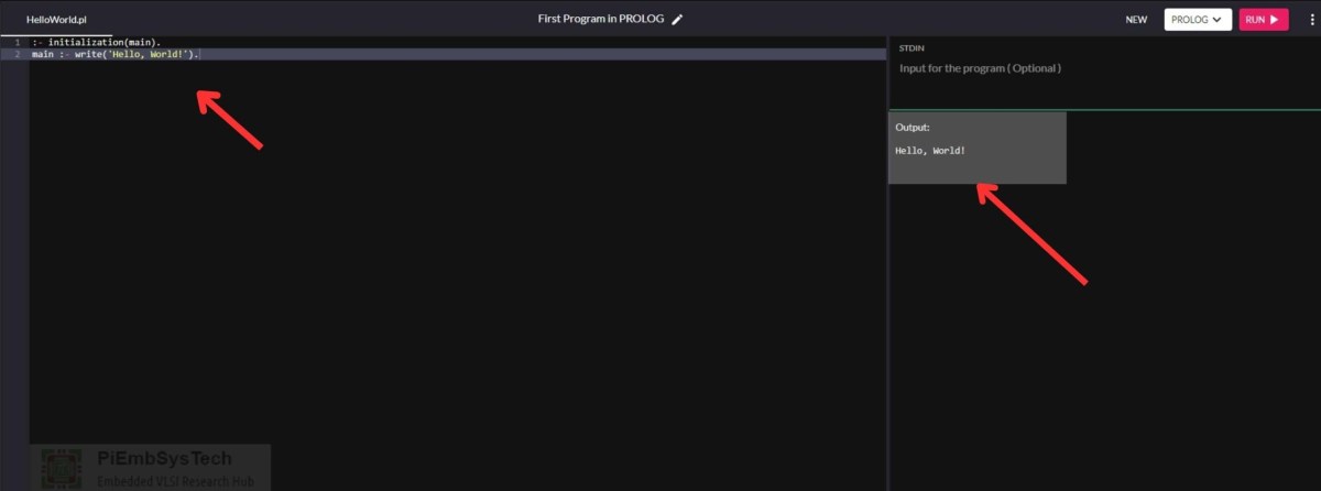 Hello World in Prolog Language 3 Screenshot of a Prolog program with the code :- initialization(main). main :- write('Hello, World!'). and the output 'Hello, World!' displayed in the console.