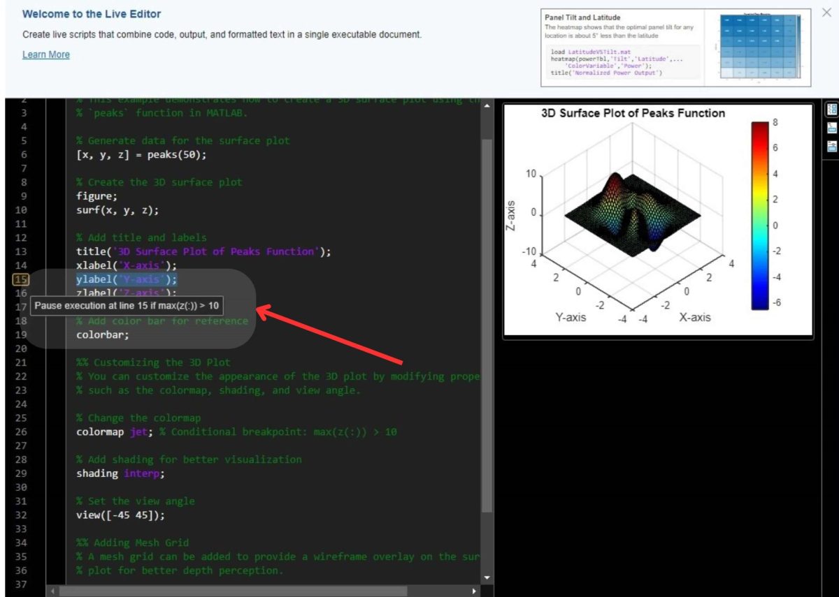 A screenshot of a MATLAB programming environment showing code in the editor and a 3D surface plot of the “peaks” function with a color bar indicating height values. The breakpoint is set at line 15 with the condition (max(z(:)) > 10)