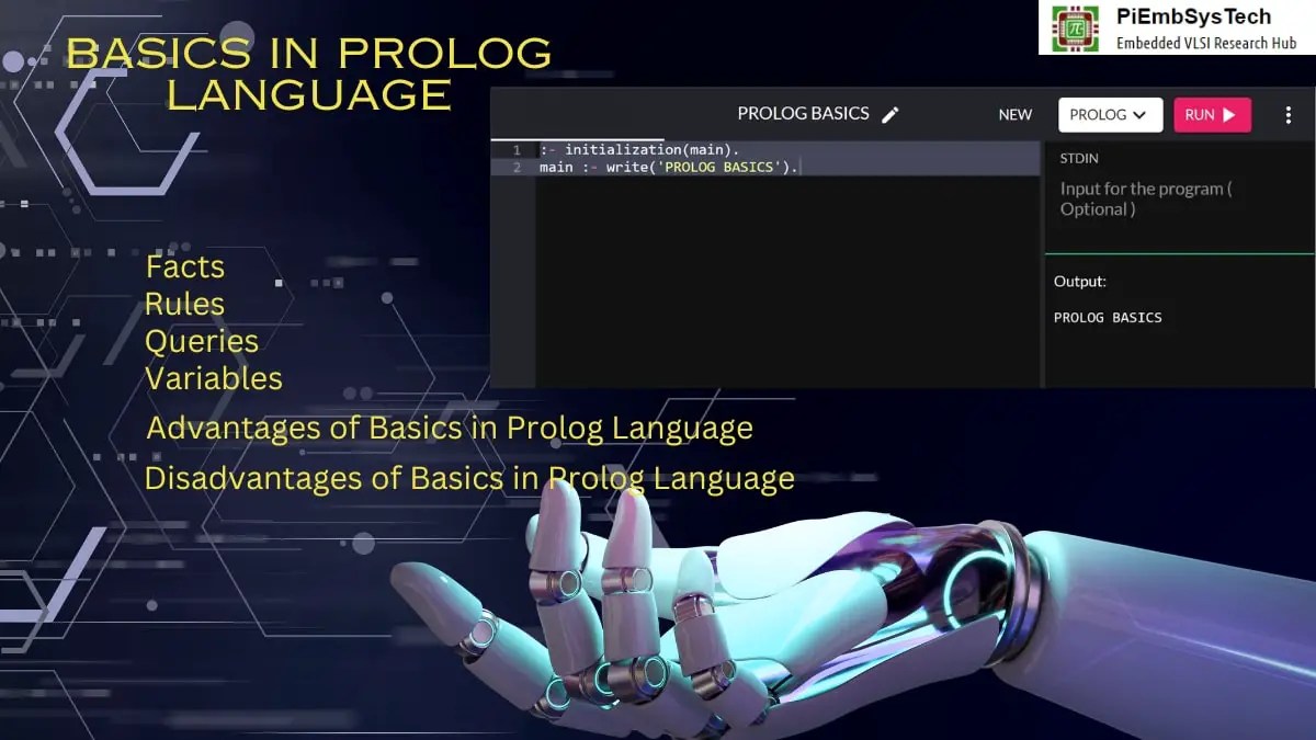 Image introducing the basics of Prolog language, covering facts, rules, queries, and variables, with a code editor showing a simple Prolog program