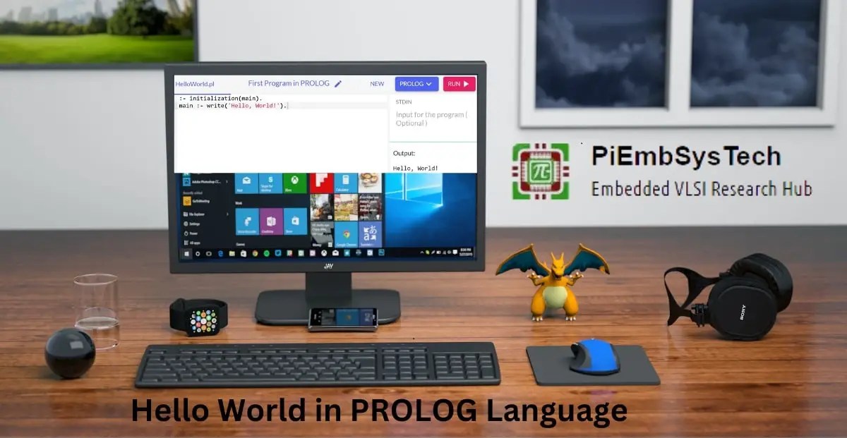 A computer setup displaying a "Hello World" program written in Prolog on the screen. Various desktop items including a smart watch, a smartphone, a toy dragon figure, a mouse, and headphones are arranged neatly around the computer.