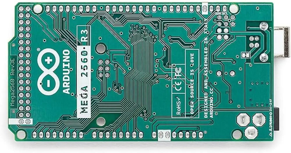 Arduino Mega 2560 microcontroller board showcasing its features including 54 digital I/O pins, 16 analog inputs, ATmega2560 chip, USB connectivity, and power supply options, ideal for complex electronics projects and robotics.