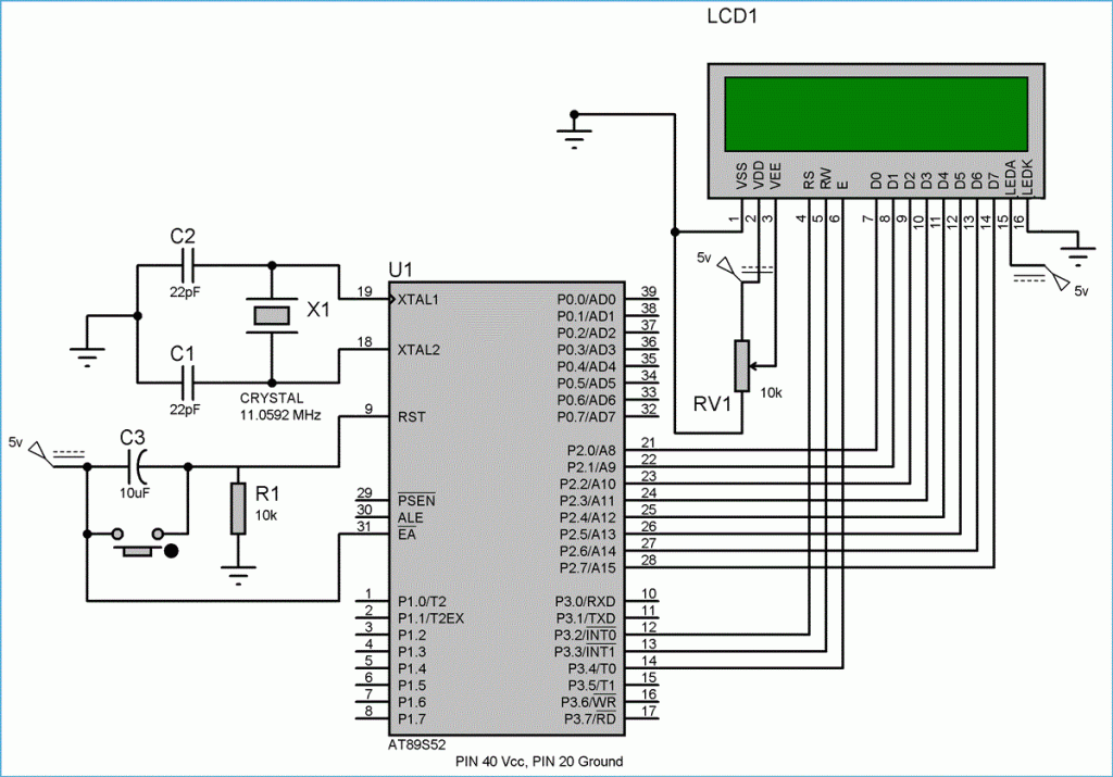 16x2 LCD Display Interfaced with 8051 Microcontroller – Pin Configuration, Wiring, and Circuit Diagram for Embedded Systems Projects