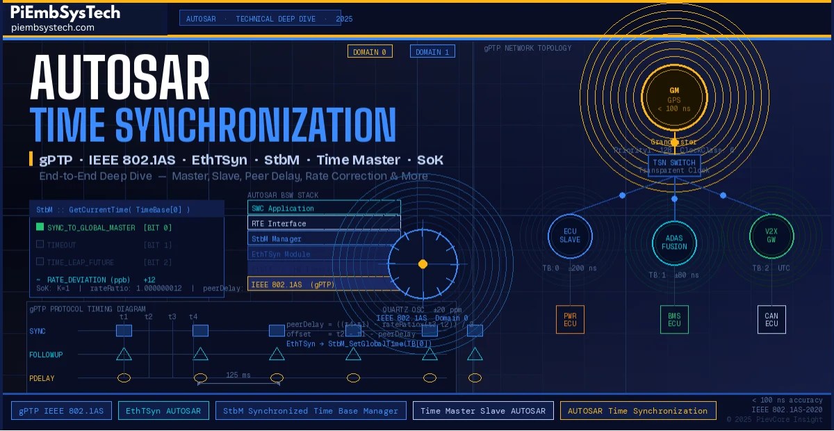 AUTOSAR Time Synchronization architecture diagram showing gPTP IEEE 802.1AS network topology, EthTSyn module, StbM Synchronized Time Base Manager status panel, Time Master GrandMaster node, Slave ECUs, TSN Switch, and gPTP protocol timing waveform - PiEmbSysTech-Insight technical deep dive