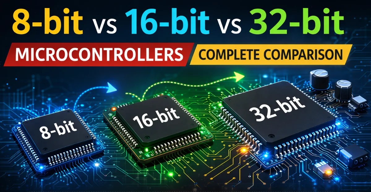 Comparison diagram of 8-bit vs 16-bit vs 32-bit Microcontroller used in embedded systems
