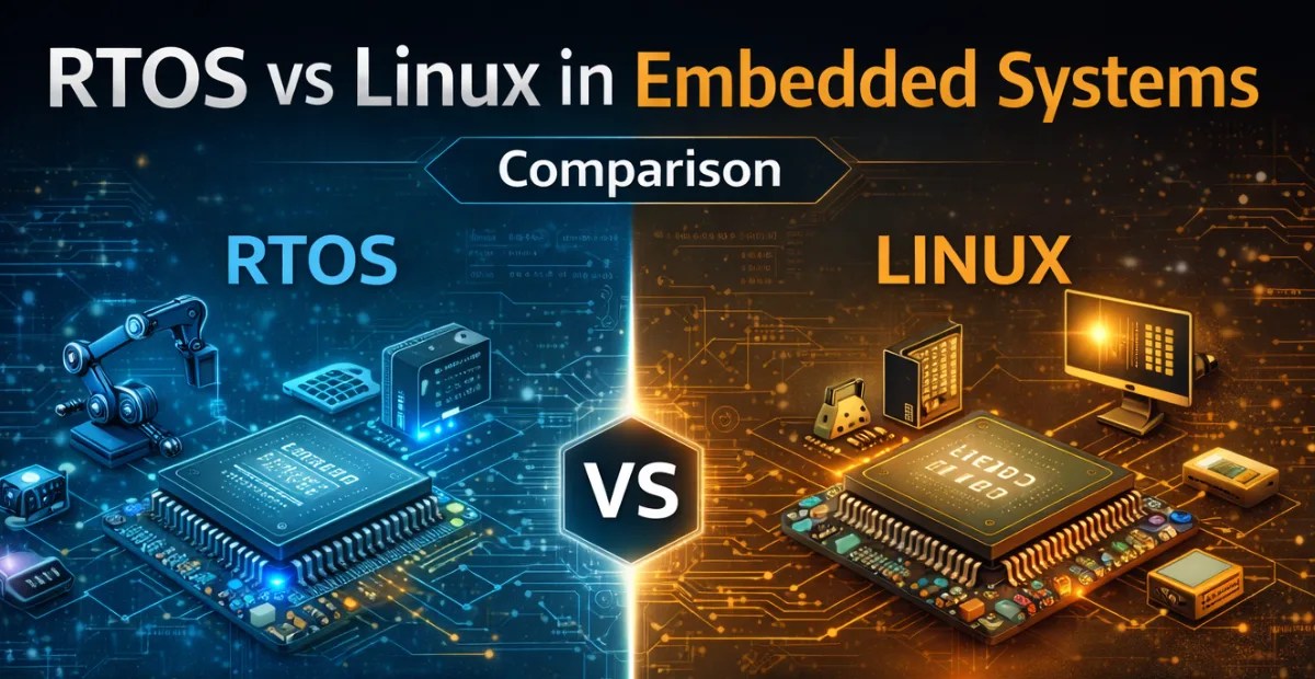 Diagram comparing RTOS vs Linux architectures in embedded systems.