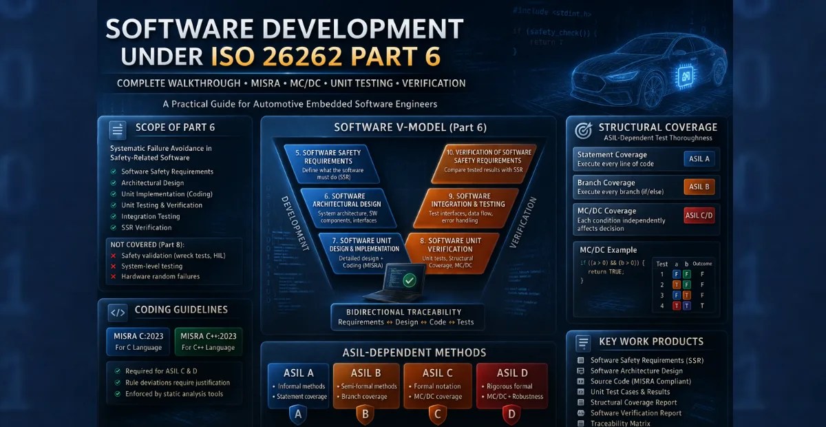 ISO 26262 Part 6 software development diagram showing V model, MISRA coding guidelines, MC DC coverage, unit testing, integration testing and verification process