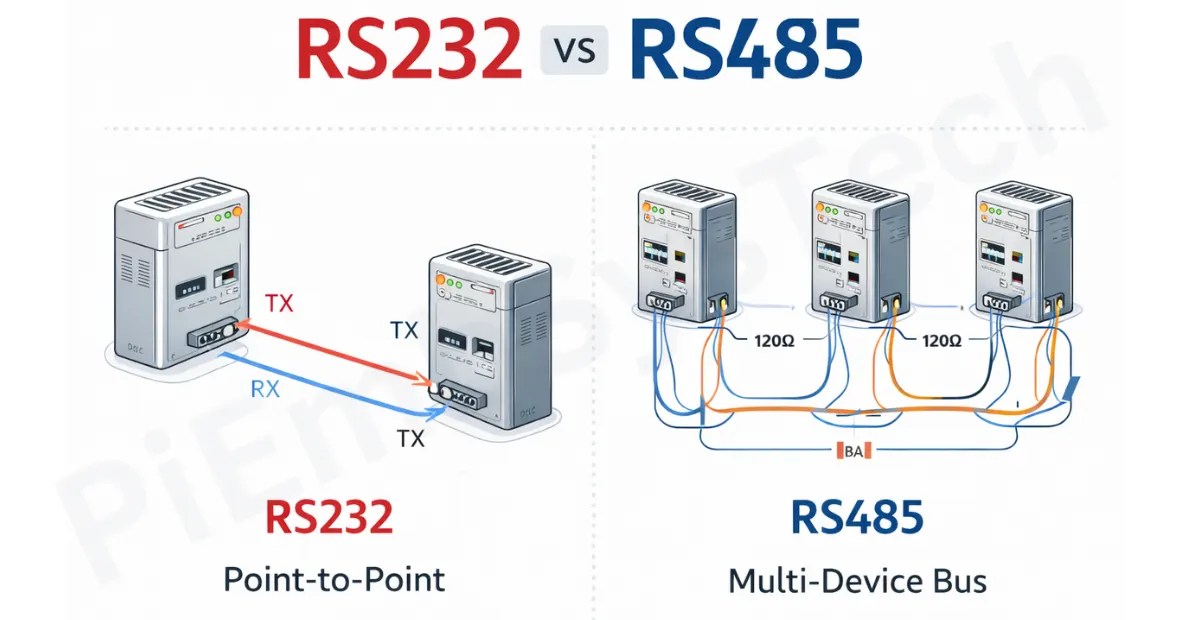RS232 vs RS485 serial communication protocol comparison diagram