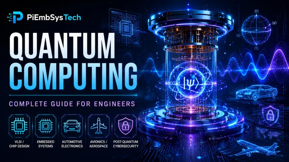 Quantum Computing 1 Quantum Computing featured image showing qubits, quantum processor, VLSI, embedded systems, automotive electronics, avionics, and post-quantum cybersecurity for engineers.