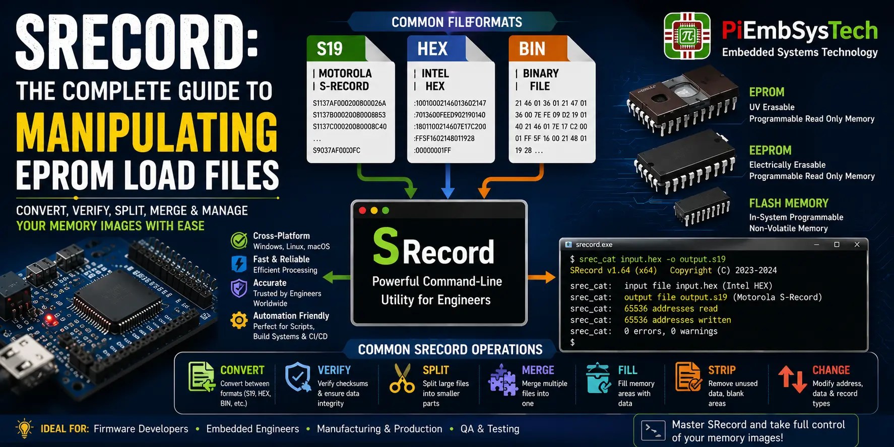 SRecord tool for manipulating EPROM load files, converting Intel HEX, Motorola S-Record, and binary memory images for embedded systems development.