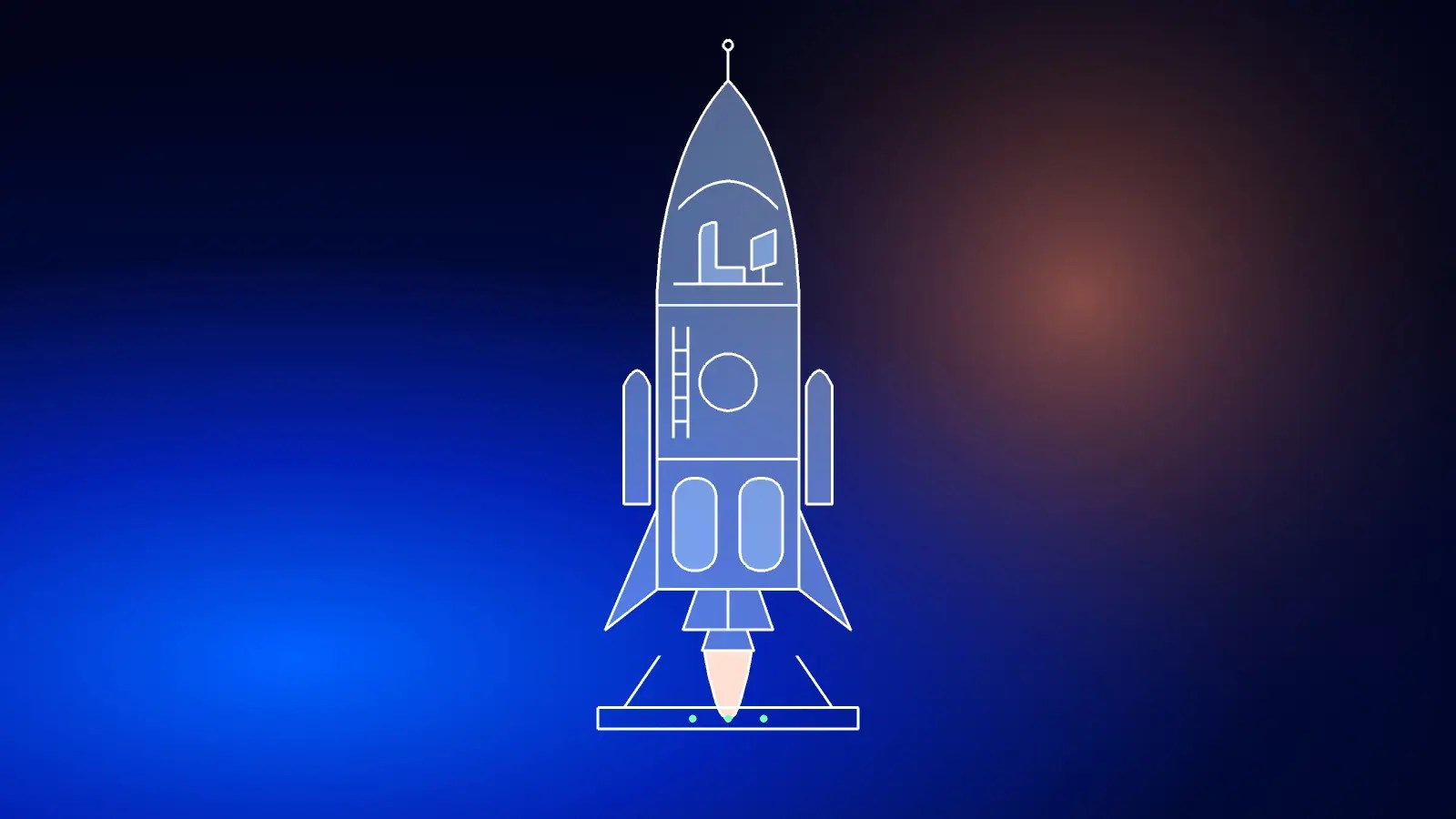 Line drawing of a spaceship on its launch pad, on a blue and clay gradient