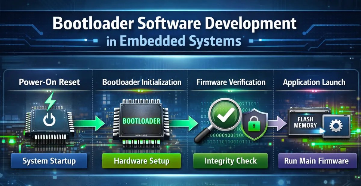 Bootloader software development process in embedded systems showing microcontroller boot sequence, firmware verification, and application startup.