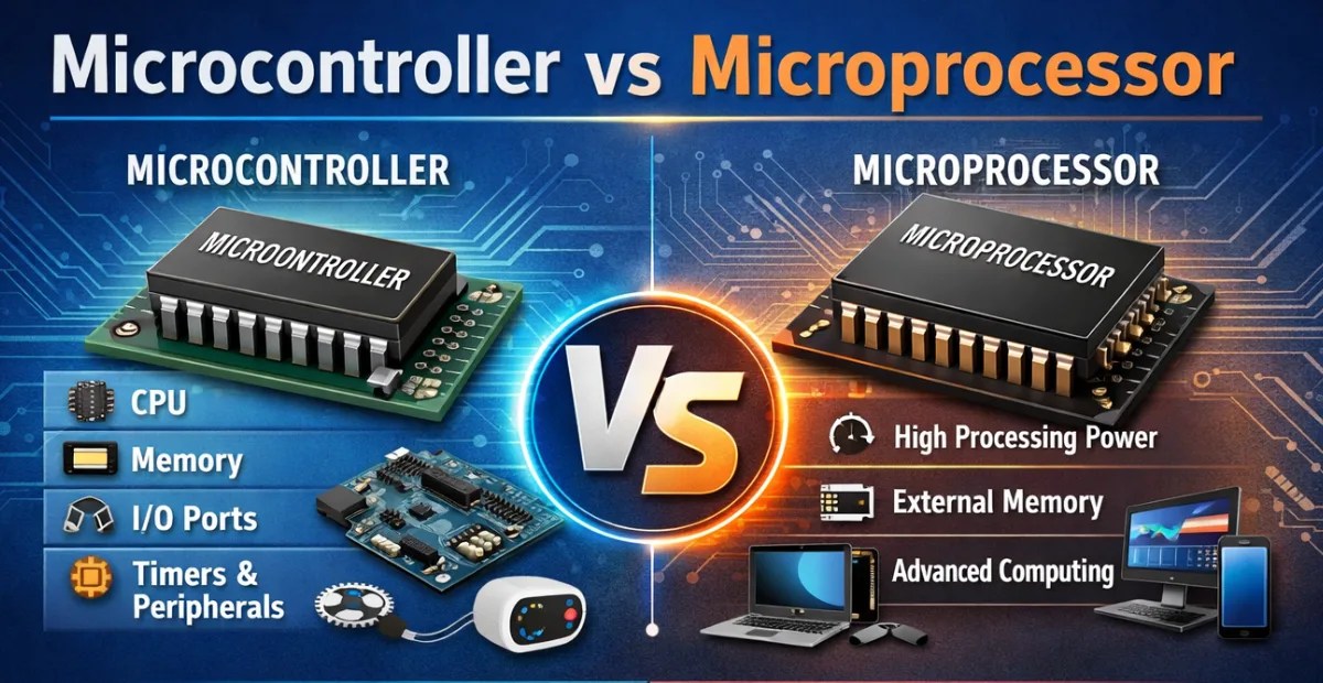 Side by side comparison of Microcontroller vs Microprocessor showing integrated chip architecture versus external component system design