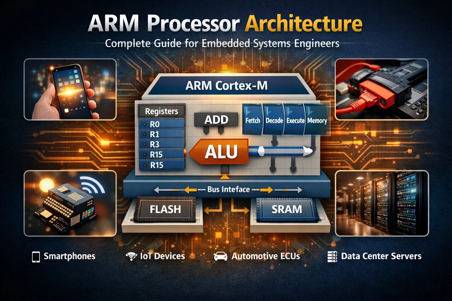 ARM processor architecture diagram showing Cortex-M core with registers, ALU pipeline, bus interface, and memory system used in embedded systems and IoT devices