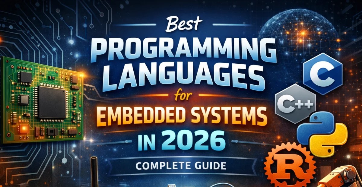 Best programming languages for embedded systems in 2026 including C, C++, Python, and Rust with microcontroller and IoT illustration