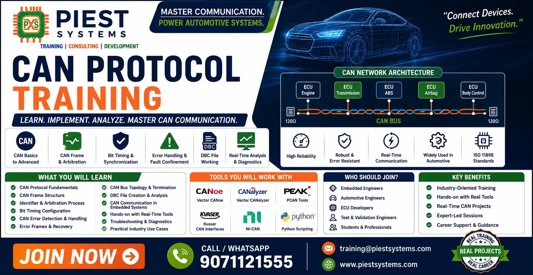 CAN Protocol Training poster by Piest Systems showing CAN bus architecture, ECU communication, CAN frame structure, diagnostics, DBC files, and automotive networking concepts with hands-on training and real-time projects.