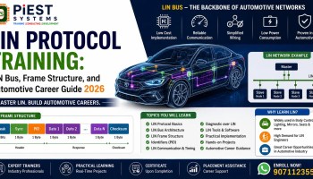 LIN Protocol Training infographic by PiEST Systems showing LIN Bus architecture, LIN frame structure, master-slave communication, LIN network topology, automotive body electronics, diagnostic communication, and automotive embedded systems training.