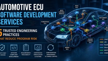 Automotive ECU Software Development Services showing a modern vehicle E/E architecture with interconnected Electronic Control Units (ECUs) communicating over CAN, CAN FD, LIN, FlexRay, Automotive Ethernet, and other in-vehicle networks.
