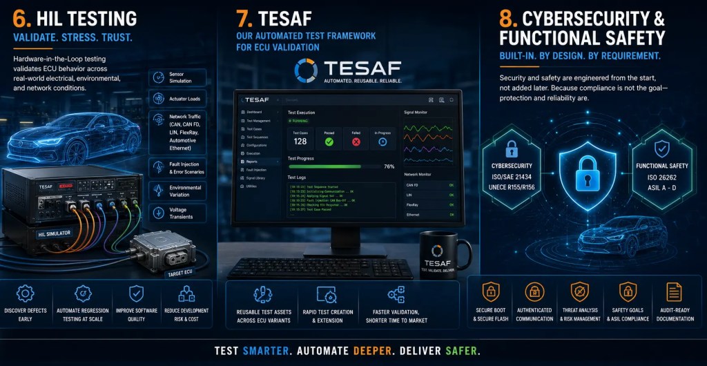 Automotive HIL testing, TESAF automated ECU validation framework, and cybersecurity with ISO 26262 and ISO/SAE 21434 compliance.