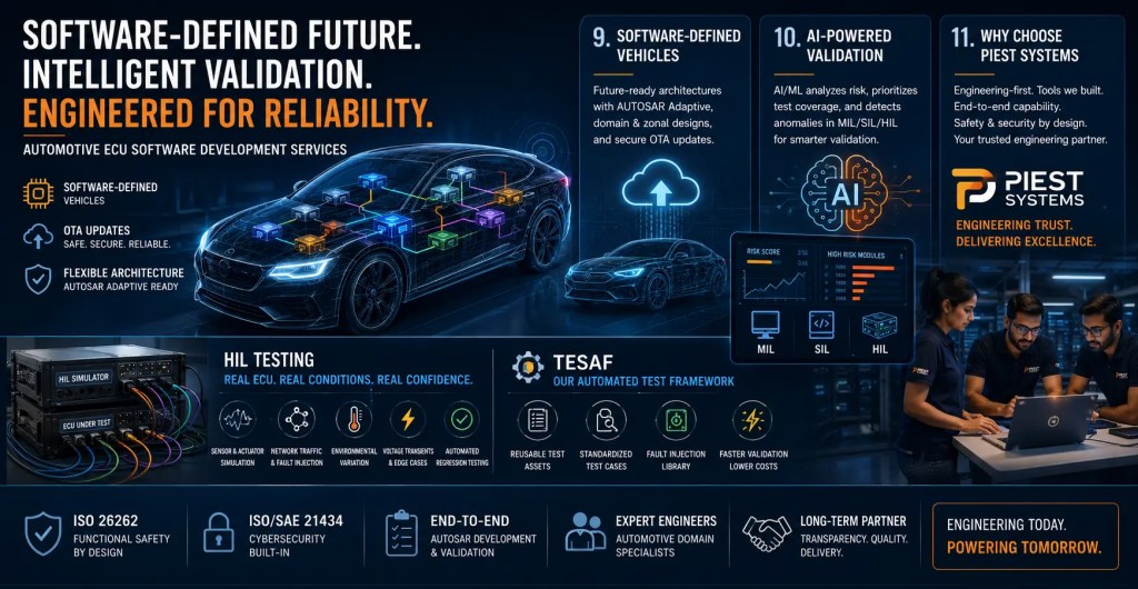 Software-defined vehicle architecture, AI-powered ECU validation, and Piest Systems automotive software engineering services.
