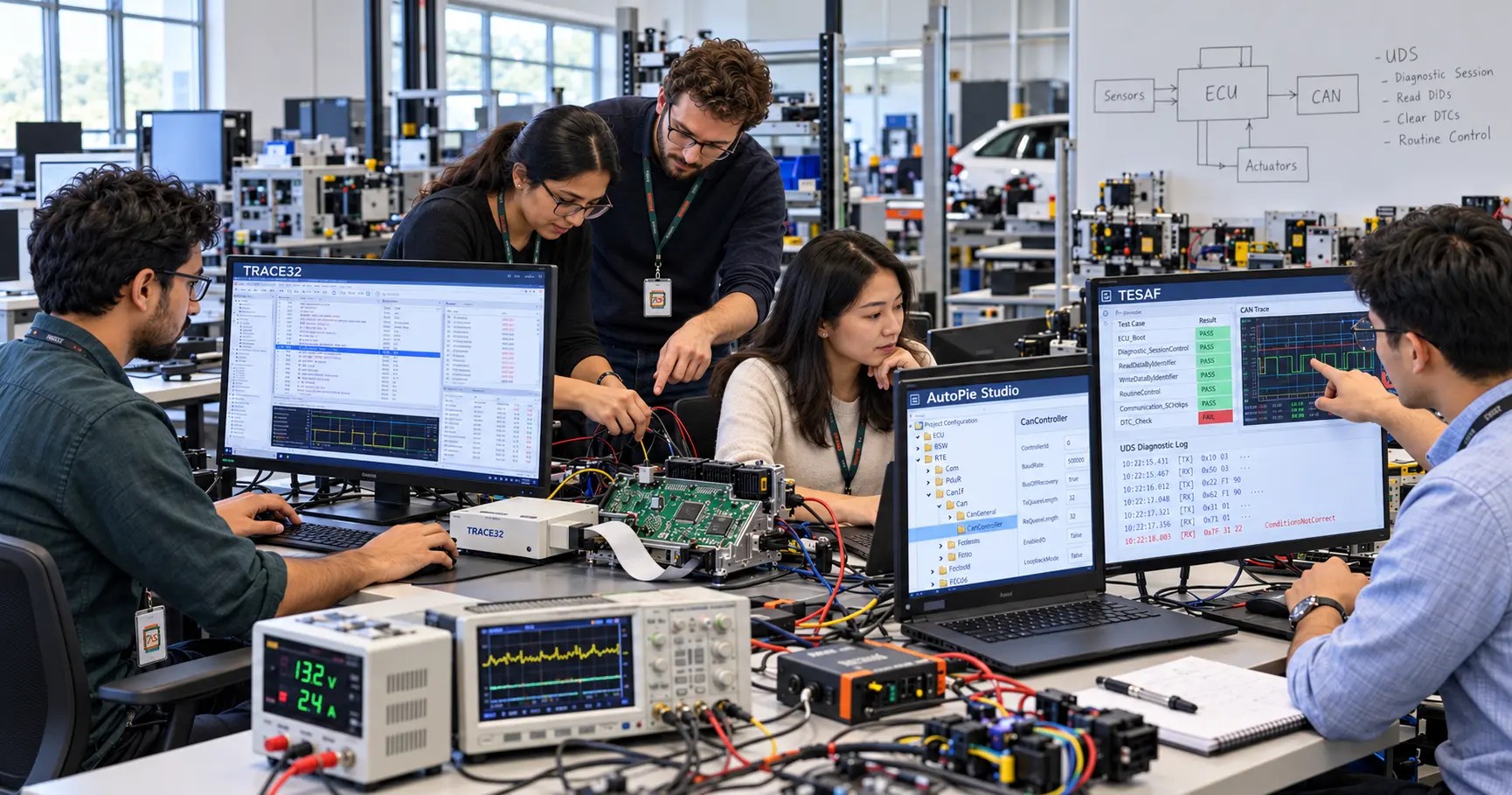 Piest Systems automotive software development services team debugging an ECU, configuring AUTOSAR and reviewing CAN diagnostic test results in an engineering laboratory.
