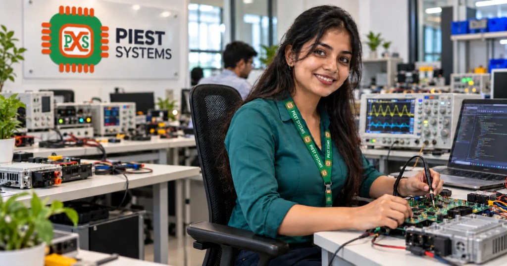 Home 6 Female engineer testing a microcontroller development board with electronic circuits and an oscilloscope in an embedded systems laboratory.