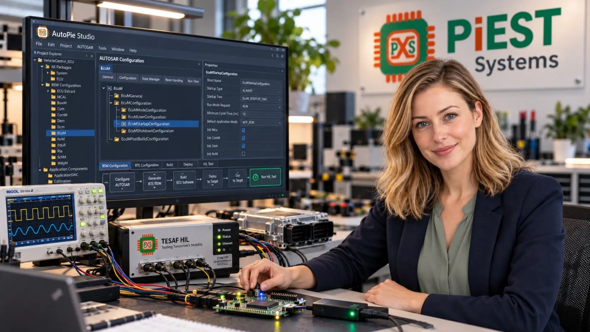 Embedded Systems Products by PiEST Systems featuring TESAF HIL testing hardware, AutoPie Studio AUTOSAR configurator and an engineering workstation.