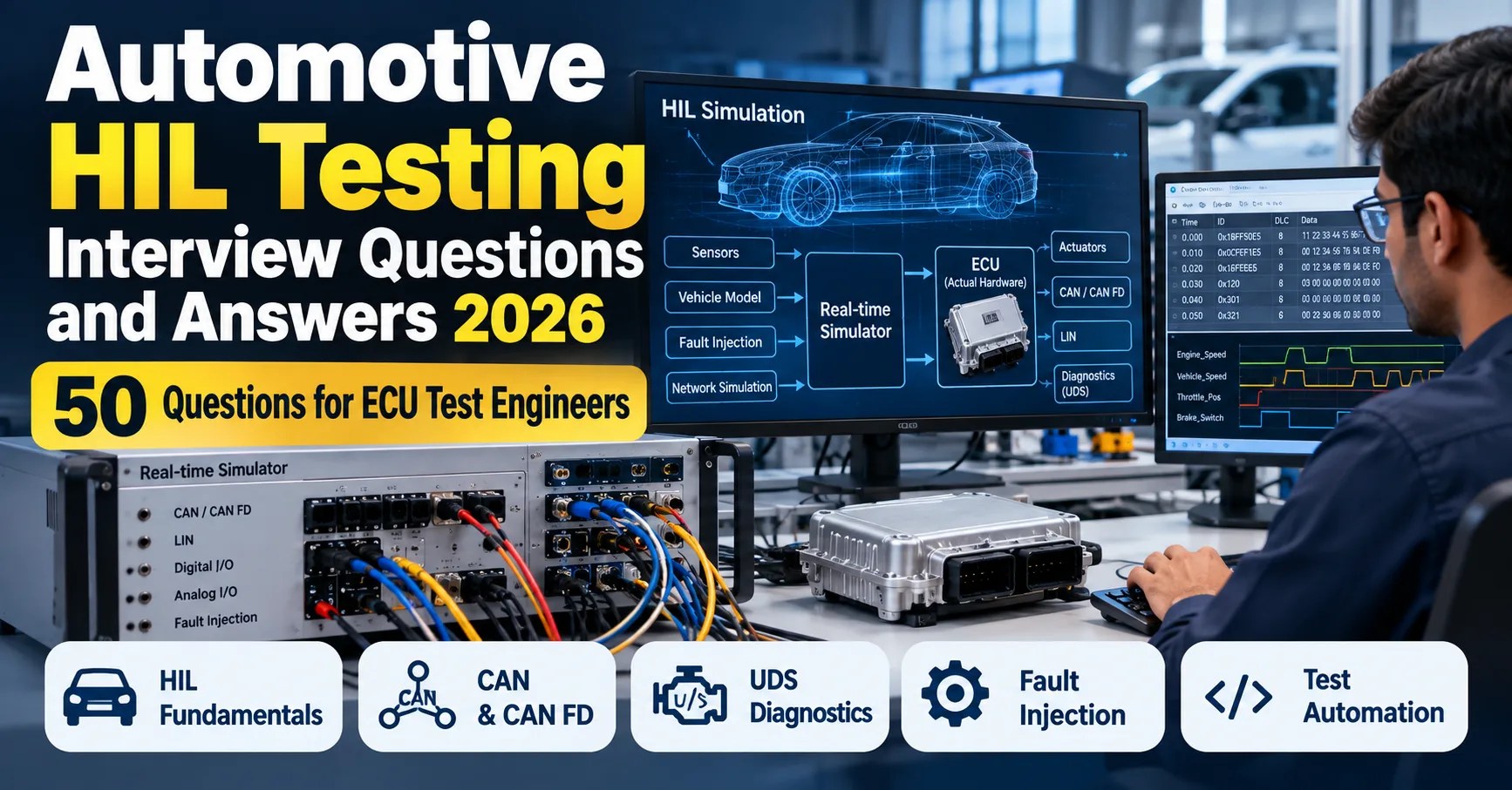 Automotive HIL testing interview questions and answers for ECU test engineers covering CAN, CAN FD, UDS diagnostics, fault injection and test automation.
