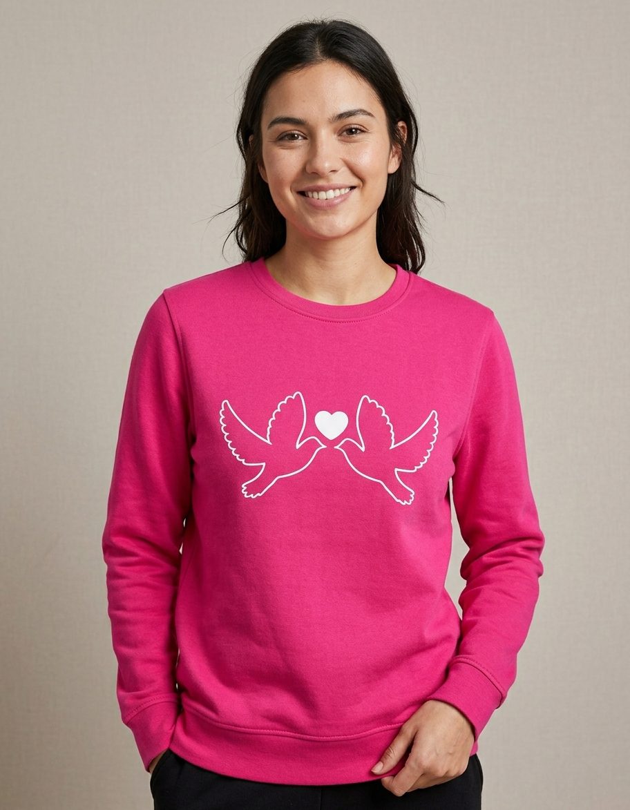 Produktfoto mit weiblichem KI-Model, das den pinken Sweater mit Tauben-Motiv trägt.