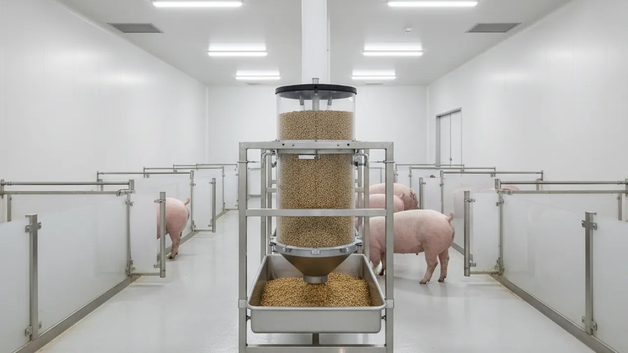養豚場内の給餌器と飼料管理の様子