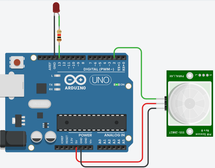 CODE BLOCKS FOR PIR SENSOR AND ARDUINO IN TINKERCAD