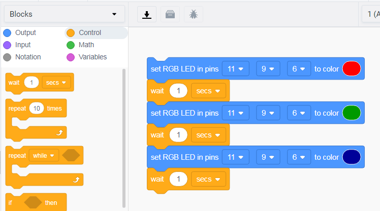Code blocks for RGB LED interfacing with Arduino in Tinkercad