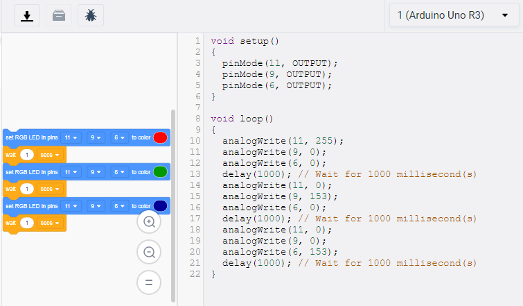 Code blocks for RGB LED interfacing with Arduino in Tinkercad